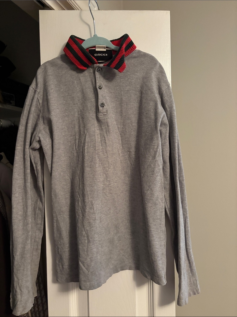 Gucci Gray Long-Sleeve Polo with Red & Green Striped Collar size 10
